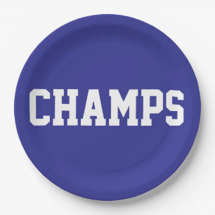Plato De Papel CHAMPS Diversión Deportivo Texto Blanco Sobre Azul
