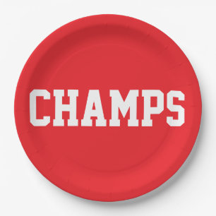 Plato De Papel CHAMPS Diversión Deportivo Texto Blanco Sobre Rojo