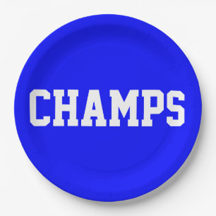 Plato De Papel CHAMPS divertido deportivo texto blanco sobre azul
