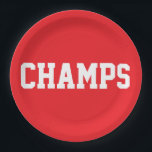 Plato De Papel CHAMPS Fun Sporty White Text On Bright Red<br><div class="desc">This sporty design features athletic CHAMPS white text against bright red background.   The colors and text in this design can be personalized.</div>