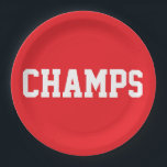 Plato De Papel CHAMPS Fun Sporty White Text On Bright Red<br><div class="desc">This sporty design features athletic CHAMPS white text against bright red background.   The colors and text in this design can be personalized.</div>