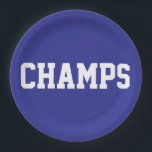 Plato De Papel CHAMPS Fun Sporty White Text On Deep Blue<br><div class="desc">This sporty design features athletic CHAMPS white text against deep blue background.   The colors and text in this design can be personalized.</div>