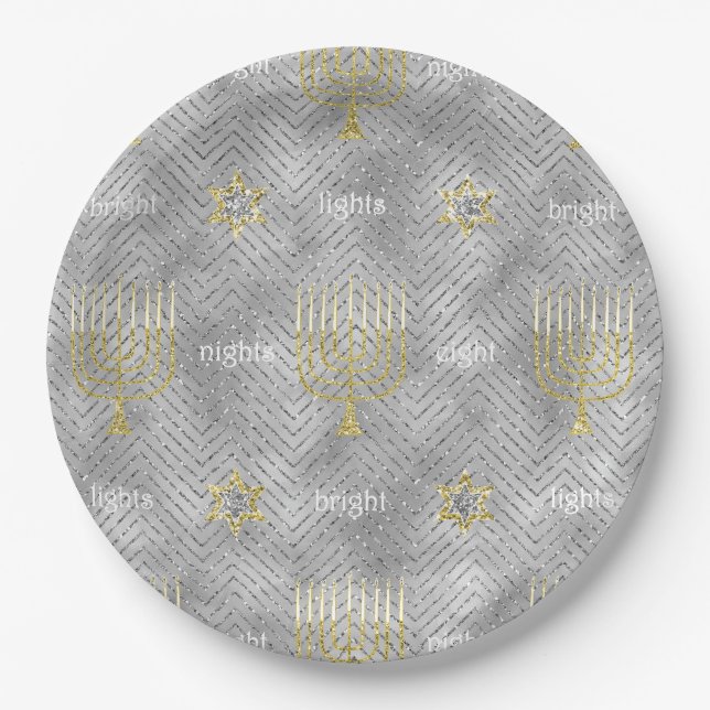 Plato De Papel Chanukah Elegant Gold Silver Menorahs Stars (Anverso)