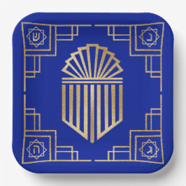 Plato De Papel Chanukah/Hanukkah Art Deco Gold Blue Dreidedes
