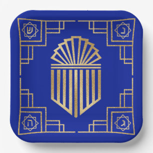 Plato De Papel Chanukah/Hanukkah Art Deco Gold Blue Dreidedes