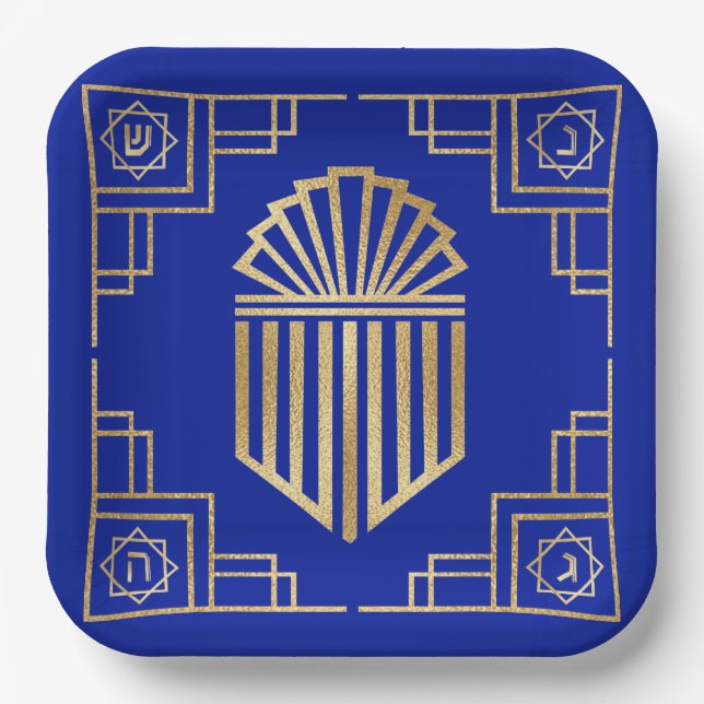 Plato De Papel Chanukah/Hanukkah Art Deco Gold Blue Dreidedes (Anverso)
