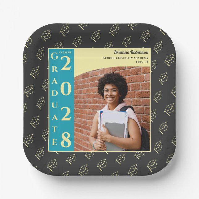 Plato De Papel Charcoal Photo Modern Graduation Cap Party (Anverso)