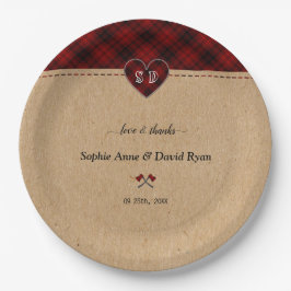Plato De Papel Charm Rustic Red Buffalo Plaid Monograma Boda