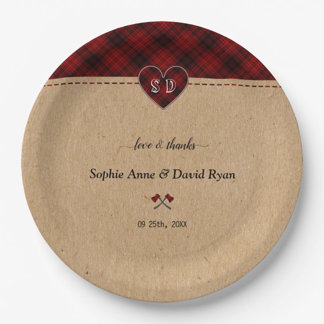 Plato De Papel Charm Rustic Red Buffalo Plaid Monograma Boda (Anverso)