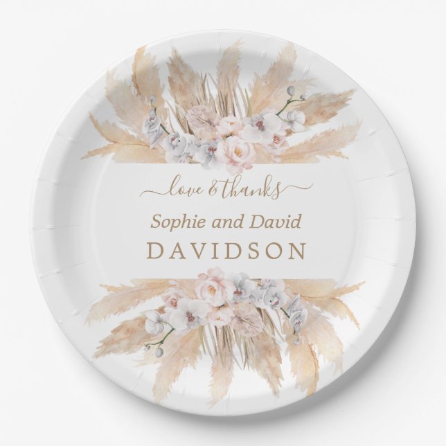 Plato De Papel Charm White Roses Pampas Grass Boda (Anverso)