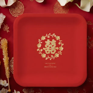 Plato De Papel Charming Glitter Floral Chinese Double Happiness