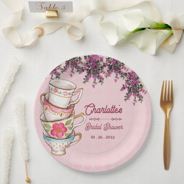 Plato De Papel Charming Pink Teacup Floral Bridal Shower Party (Boda)