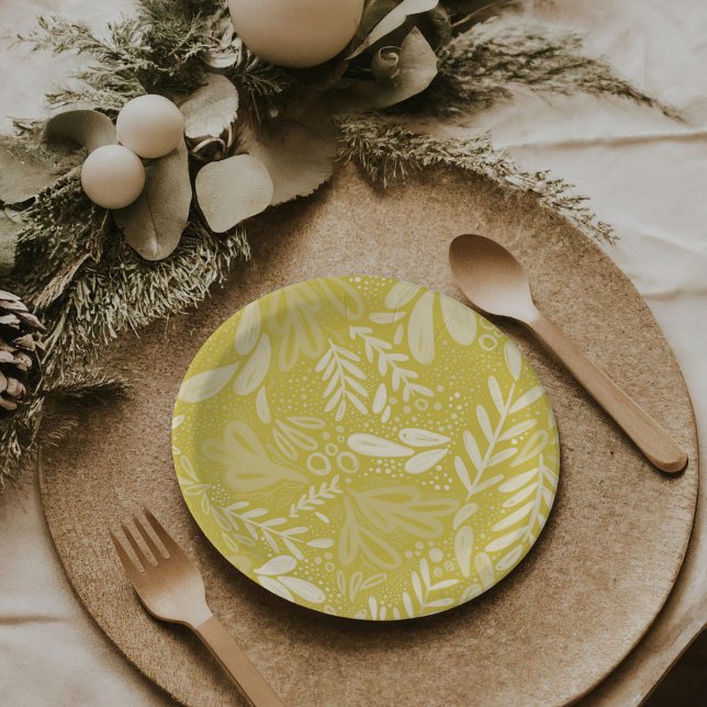 Plato De Papel Chartreuse Bramble | Placas botánicas festivas (Chartreuse Yellow Bramble | Festive botanical holiday party paper plates)