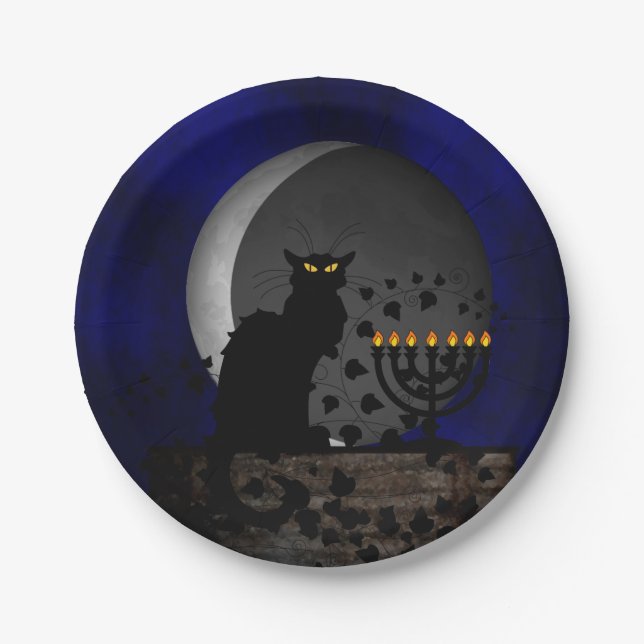 Plato De Papel Chat Noir Chanukah con Menorah (Anverso)