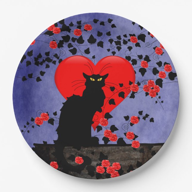 Plato De Papel Chat Noir con Rosas Rojas (Anverso)