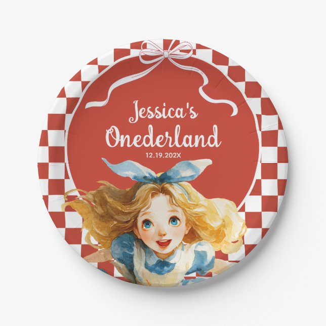 Plato De Papel Checkered Alice in ONEDERLAND 1st Birthday Party (Anverso)