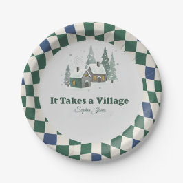 Plato De Papel Checkered Winter  "It Takes a Village" baby shower