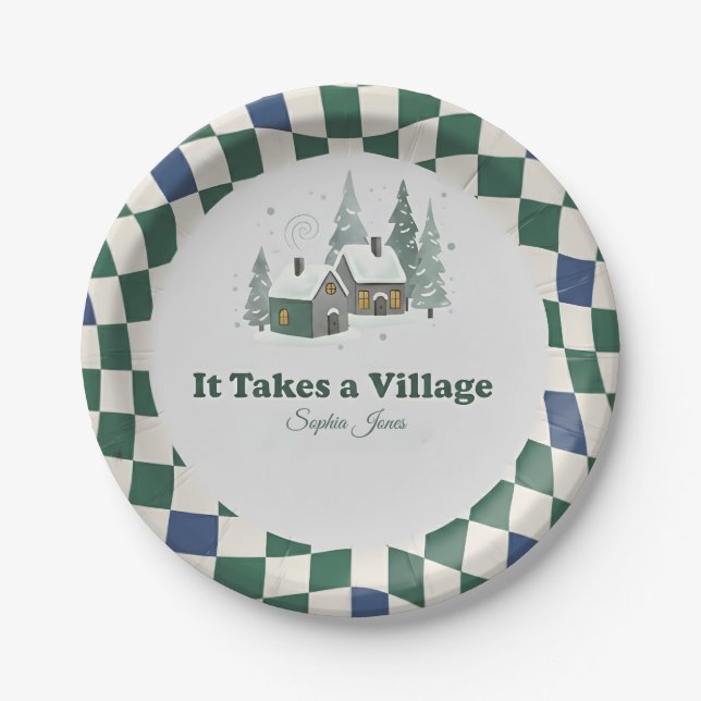 Plato De Papel Checkered Winter  "It Takes a Village" baby shower (Anverso)