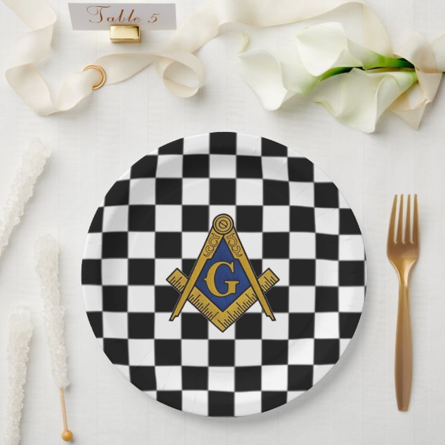 Plato De Papel Checkers Masonic Freemasons Square y Compass (Boda)