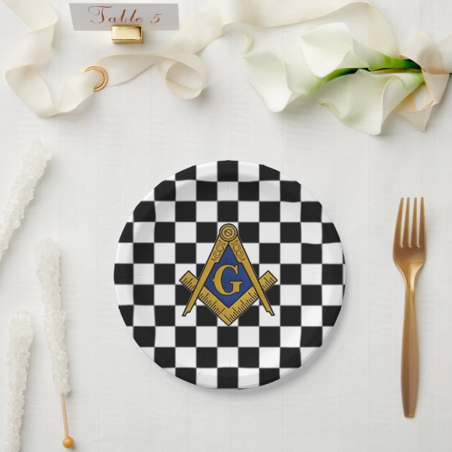 Plato De Papel Checkers Masonic Freemasons Square y Compass (Boda)