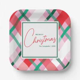 Plato De Papel Cheerful Red Green Pink Christmas Plaid