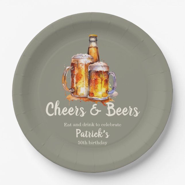 Plato De Papel Cheers and Beers Glass Bottle 50th Birthday (Anverso)
