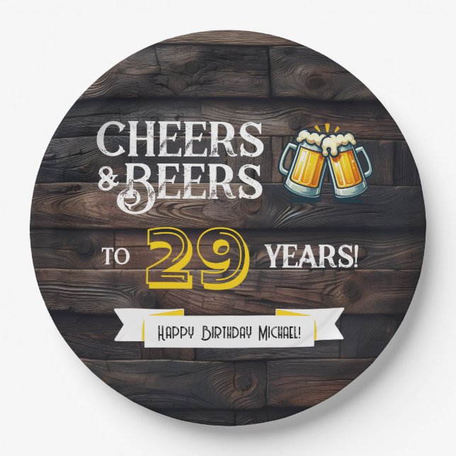 Plato De Papel Cheers and Beers to 29 Years Rustic Birthday (Anverso)