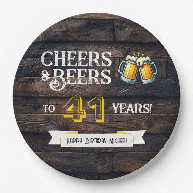 Plato De Papel Cheers and Beers to 41 Years Rustic Birthday (Anverso)