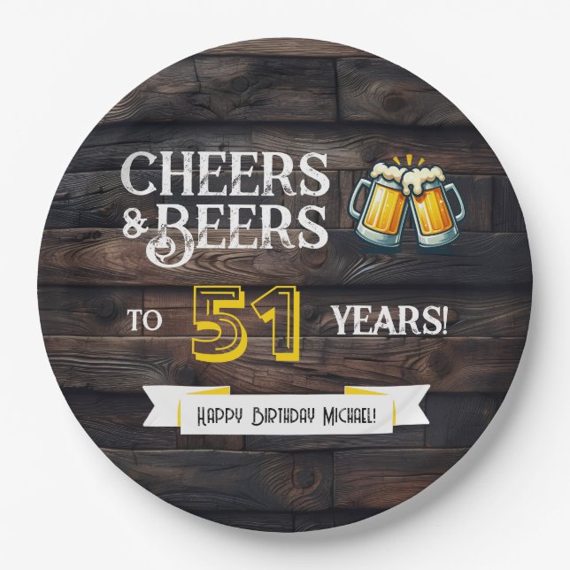 Plato De Papel Cheers and Beers to 51 Years Rustic Birthday (Anverso)