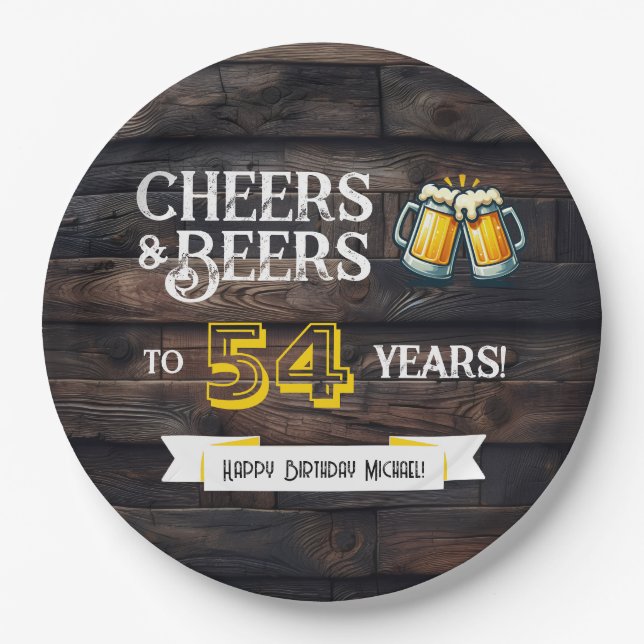 Plato De Papel Cheers and Beers to 54 Years Rustic Birthday (Anverso)