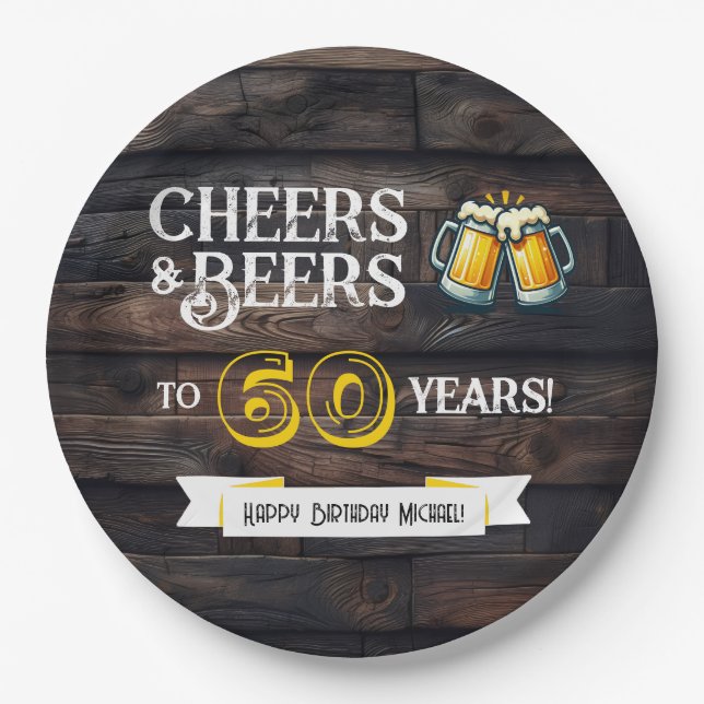 Plato De Papel Cheers and Beers to 60 Years Rustic Birthday (Anverso)