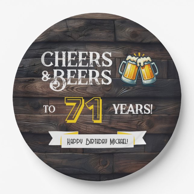 Plato De Papel Cheers and Beers to 71 Years Rustic Birthday (Anverso)