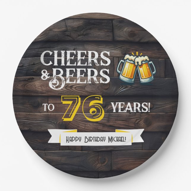 Plato De Papel Cheers and Beers to 76 Years Rustic Birthday (Anverso)