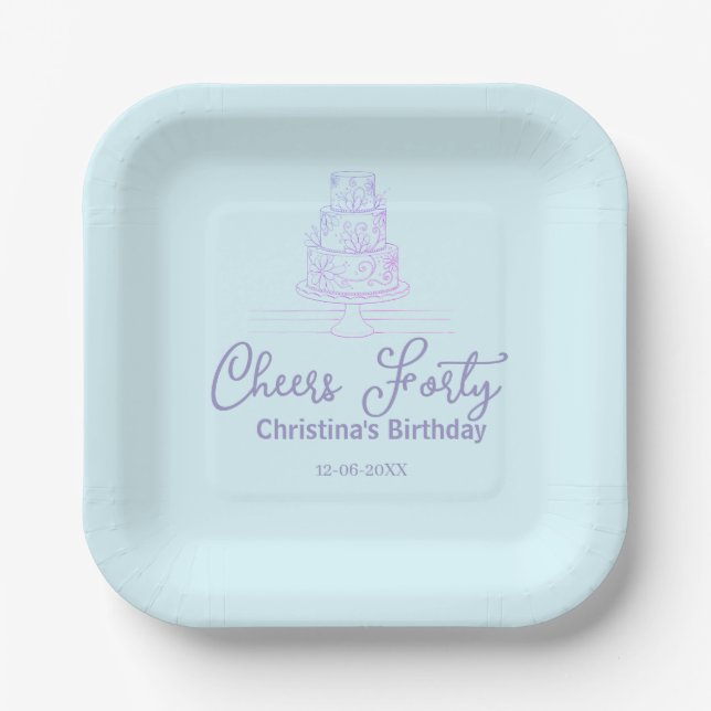 Plato De Papel Cheers forty happy birthday cake blue purple name  (Anverso)