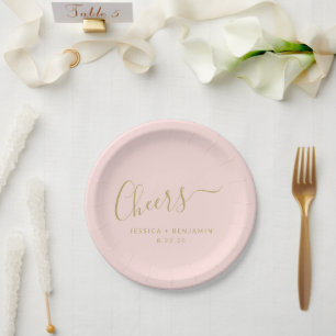 Plato De Papel Cheers Minimalista Rosa Rosado Oro Boda Personaliz