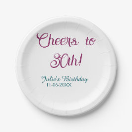 Plato De Papel Cheers to 30th birthday name date mauve blue elega