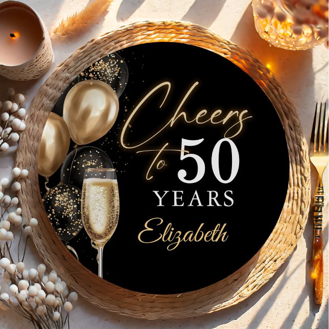 Plato De Papel Cheers To 50 Years Black and Gold Balloons (Subido por el creador)