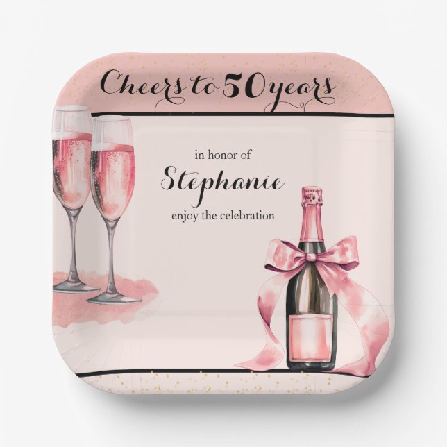 Plato De Papel Cheers to 50 Years Pink Champagne Birthday (Anverso)