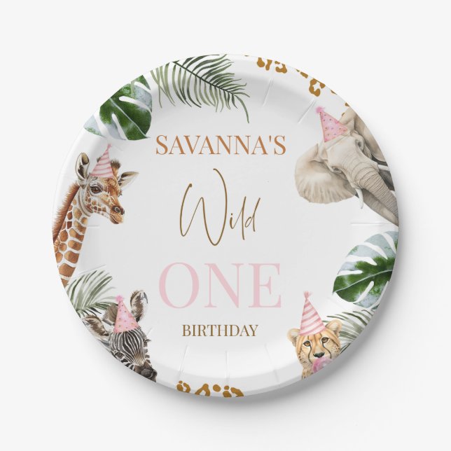 Plato De Papel Cheetah Pink Print Safari Wild One 1st Birthday  (Anverso)