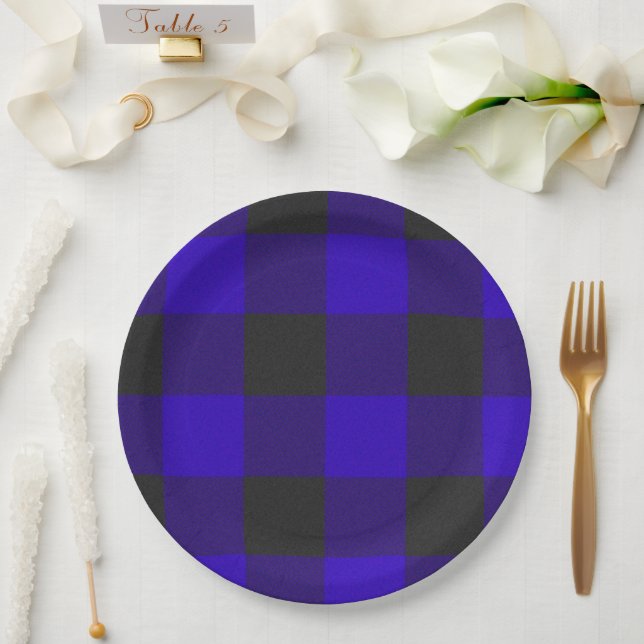 Plato De Papel Cheque azul real de protección de búfalos (Boda)