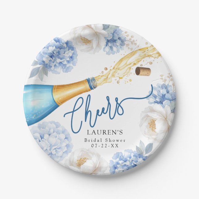 Plato De Papel Cheque Blue Champagne Bridal Shower Paper Plate (Anverso)