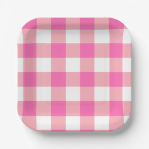 Plato De Papel Cheques rosados grandes de Gingham Plaid