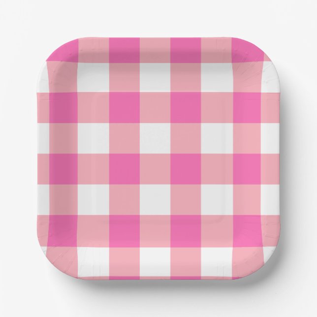 Plato De Papel Cheques rosados grandes de Gingham Plaid (Anverso)