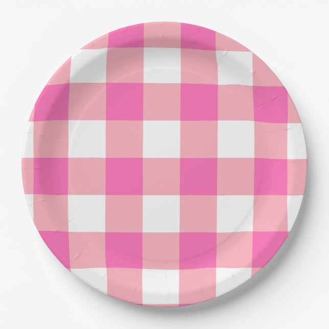 Plato De Papel Cheques rosados grandes de Gingham Plaid (Anverso)
