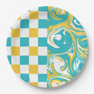 Plato De Papel Cheques y muelles turquesa, amarillo y blanco