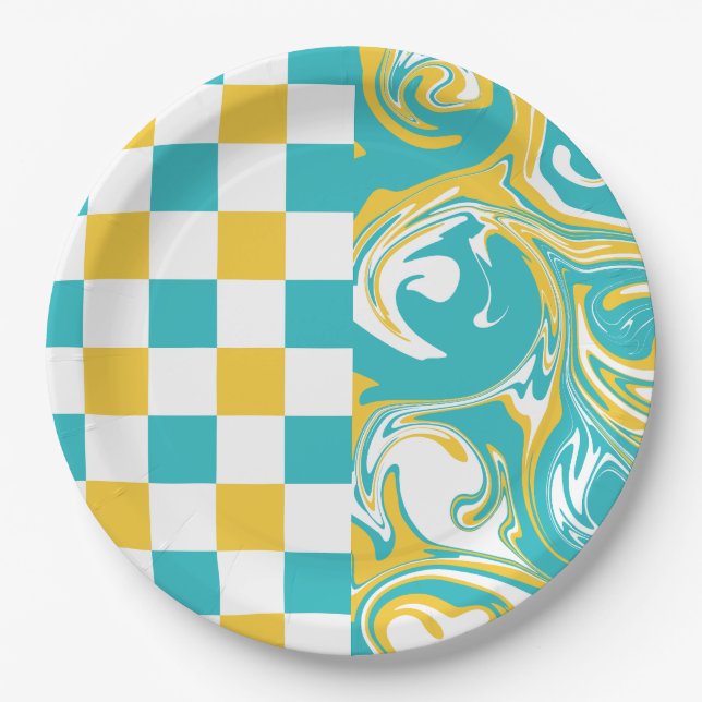 Plato De Papel Cheques y muelles turquesa, amarillo y blanco (Anverso)