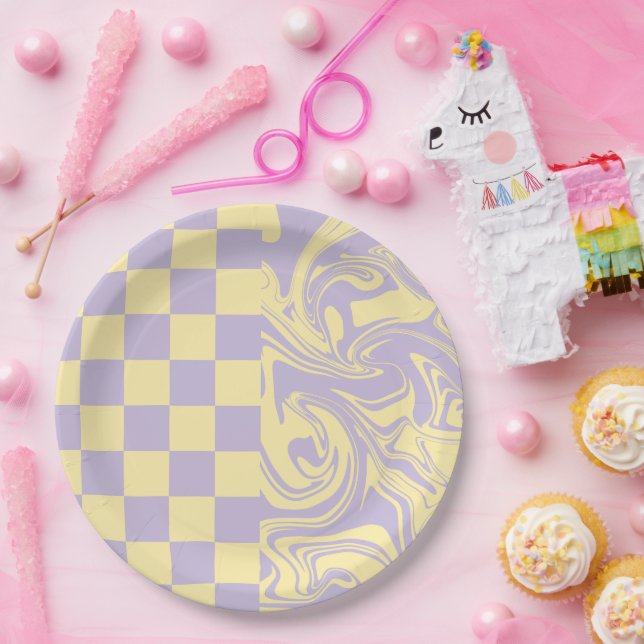 Plato De Papel Cheques y Swirls - Amarillo Pastel y Púrpura (Fiesta)