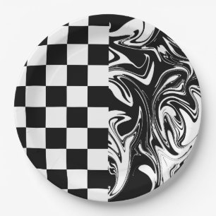 Plato De Papel Cheques y Swirls - Blanco y negro