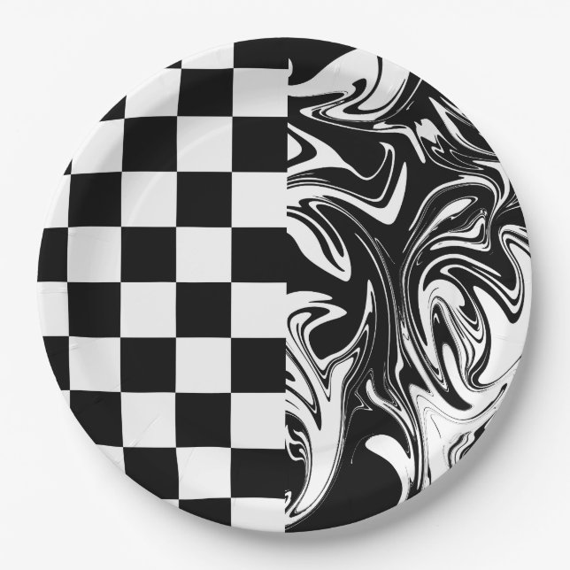 Plato De Papel Cheques y Swirls - Blanco y negro (Anverso)