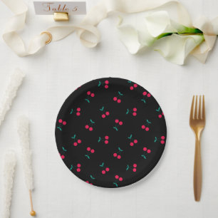 Plato De Papel Cherry Aesthetic Chernries Pattern Black